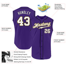 Load image into Gallery viewer, Custom Purple White-Old Gold Authentic Sleeveless Baseball Jersey
