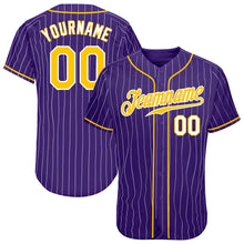 Load image into Gallery viewer, Custom Purple White Pinstripe Gold-White Authentic Baseball Jersey
