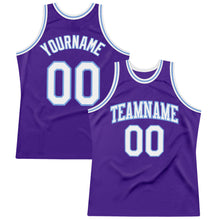Load image into Gallery viewer, Custom Purple White-Light Blue Authentic Throwback Basketball Jersey
