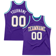 Load image into Gallery viewer, Custom Purple White-Teal Authentic Throwback Basketball Jersey
