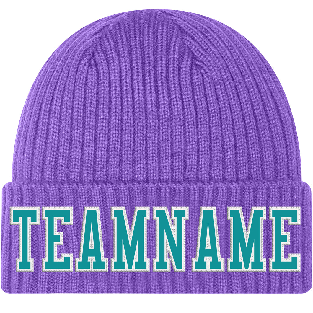 Custom Purple Aqua-White Stitched Cuffed Knit Hat