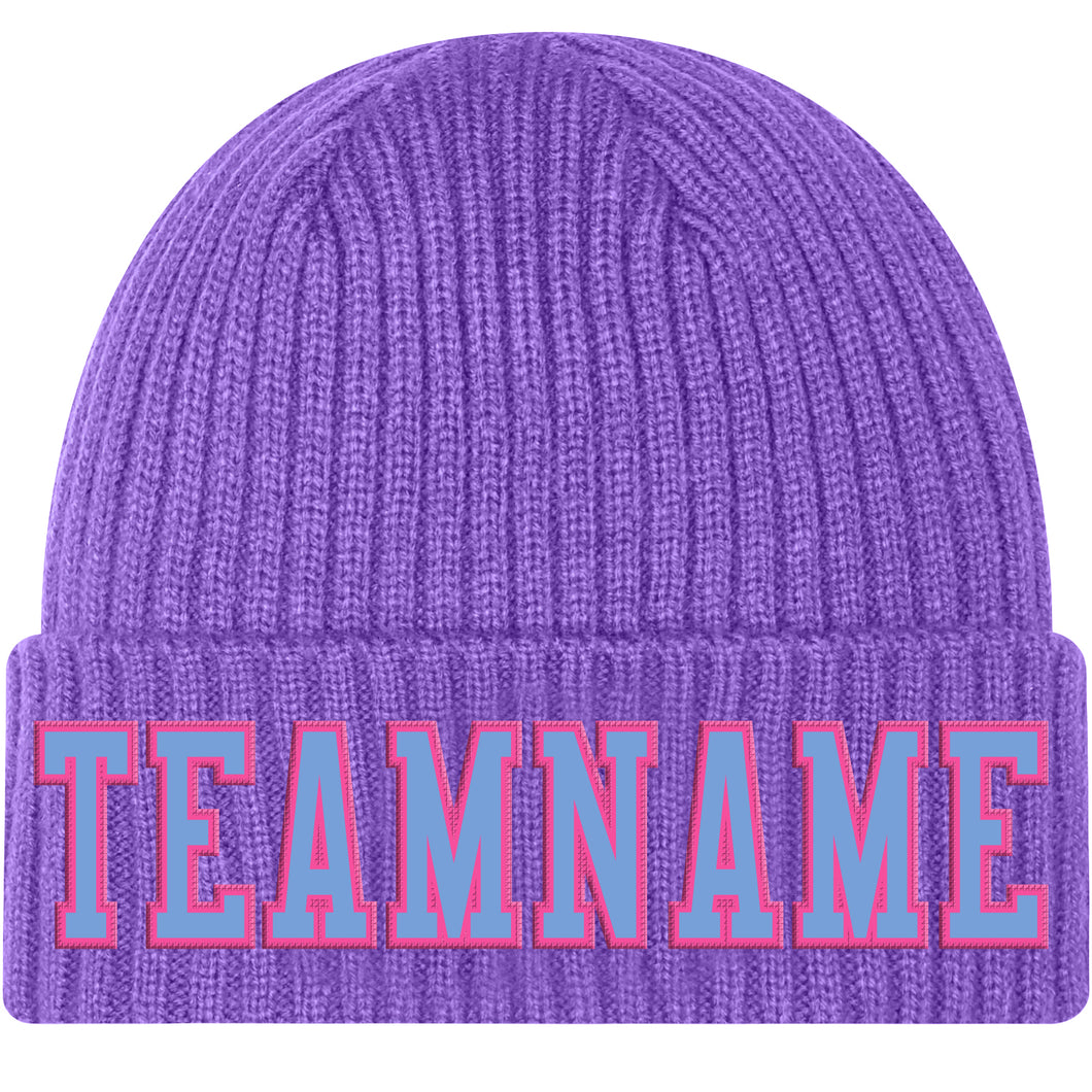 Custom Purple Light Blue-Pink Stitched Cuffed Knit Hat