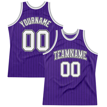 Custom Purple Black Pinstripe White-Gray Authentic Basketball Jersey