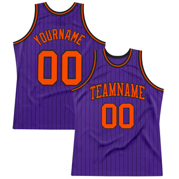 Custom Purple Black Pinstripe Orange Authentic Basketball Jersey