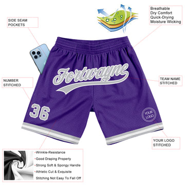 Custom Purple Gray-White Authentic Throwback Basketball Shorts