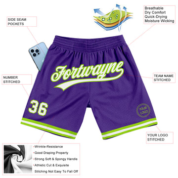 Custom Purple White-Neon Green Authentic Throwback Basketball Shorts