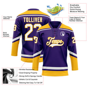 Custom Purple White-Gold Hockey Lace Neck Jersey