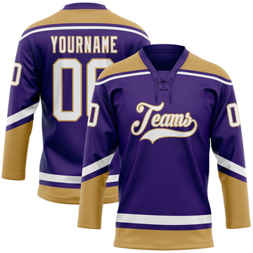 Custom Purple White-Old Gold Hockey Lace Neck Jersey