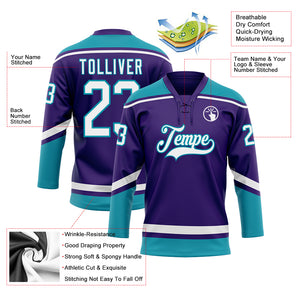 Custom Purple White-Teal Hockey Lace Neck Jersey