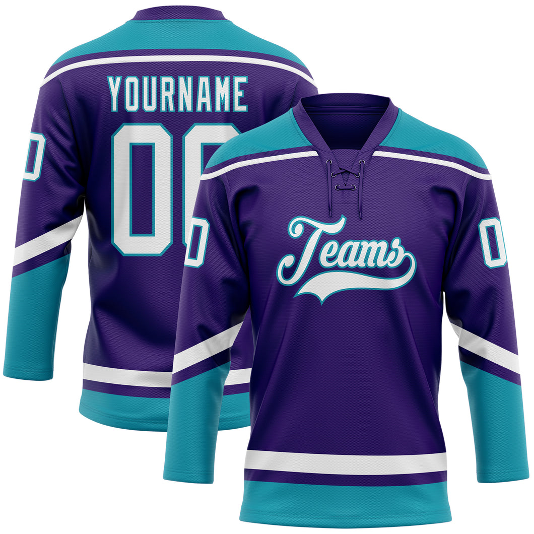 Custom Purple White-Teal Hockey Lace Neck Jersey