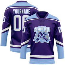 Load image into Gallery viewer, Custom Purple White-Light Blue Hockey Lace Neck Jersey
