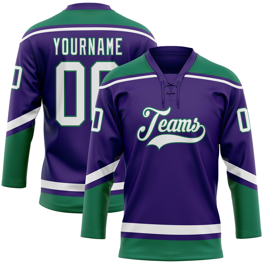 Custom Purple White-Kelly Green Hockey Lace Neck Jersey