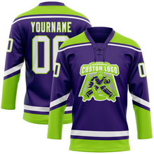 Load image into Gallery viewer, Custom Purple White-Neon Green Hockey Lace Neck Jersey
