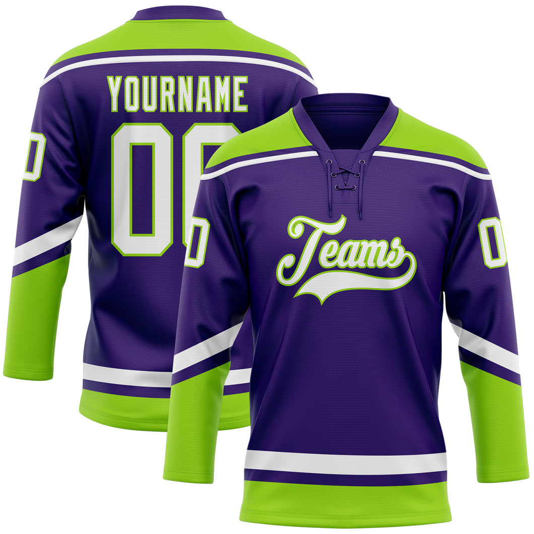 Custom Purple White-Neon Green Hockey Lace Neck Jersey