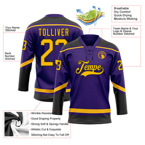 Custom Purple Gold-Black Hockey Lace Neck Jersey