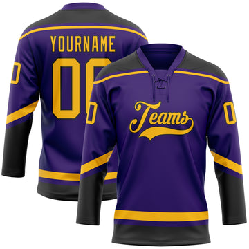 Custom Purple Gold-Black Hockey Lace Neck Jersey