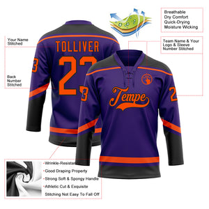 Custom Purple Orange-Black Hockey Lace Neck Jersey