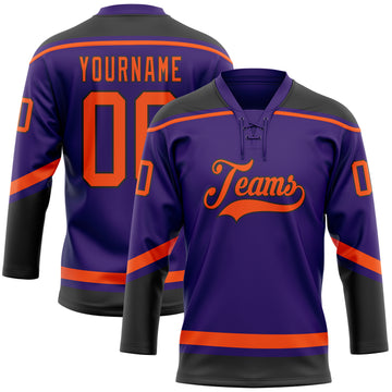 Custom Purple Orange-Black Hockey Lace Neck Jersey