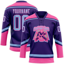 Load image into Gallery viewer, Custom Purple Light Blue-Pink Hockey Lace Neck Jersey
