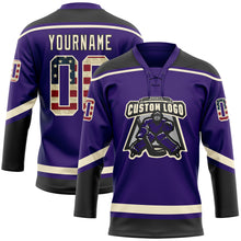 Load image into Gallery viewer, Custom Purple Vintage USA Flag Cream-Black Hockey Lace Neck Jersey
