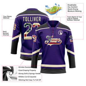 Custom Purple Vintage USA Flag Cream-Black Hockey Lace Neck Jersey