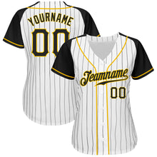 Load image into Gallery viewer, Custom White Black Pinstripe Black-Gold Authentic Raglan Sleeves Baseball Jersey
