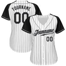 Load image into Gallery viewer, Custom White Black Pinstripe Black-Gray Authentic Raglan Sleeves Baseball Jersey
