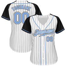 Load image into Gallery viewer, Custom White Black Pinstripe Light Blue-Black Authentic Raglan Sleeves Baseball Jersey

