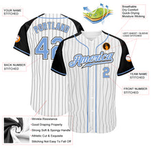 Load image into Gallery viewer, Custom White Black Pinstripe Light Blue-Black Authentic Raglan Sleeves Baseball Jersey
