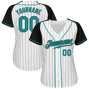 Custom White Black Pinstripe Teal-Black Authentic Raglan Sleeves Baseball Jersey