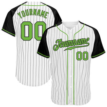 Load image into Gallery viewer, Custom White Black Pinstripe Neon Green-Black Authentic Raglan Sleeves Baseball Jersey
