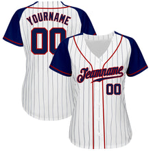 Load image into Gallery viewer, Custom White Navy Pinstripe Navy-Red Authentic Raglan Sleeves Baseball Jersey
