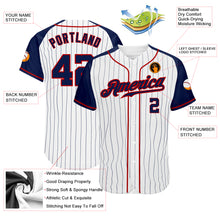 Load image into Gallery viewer, Custom White Navy Pinstripe Navy-Red Authentic Raglan Sleeves Baseball Jersey
