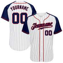 Load image into Gallery viewer, Custom White Navy Pinstripe Navy-Red Authentic Raglan Sleeves Baseball Jersey
