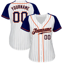 Load image into Gallery viewer, Custom White Navy Pinstripe Navy-Orange Authentic Raglan Sleeves Baseball Jersey
