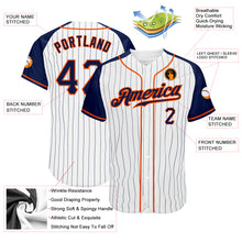Load image into Gallery viewer, Custom White Navy Pinstripe Navy-Orange Authentic Raglan Sleeves Baseball Jersey
