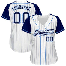 Load image into Gallery viewer, Custom White Navy Pinstripe Navy-Light Blue Authentic Raglan Sleeves Baseball Jersey

