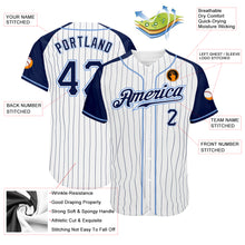 Load image into Gallery viewer, Custom White Navy Pinstripe Navy-Light Blue Authentic Raglan Sleeves Baseball Jersey
