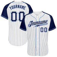 Load image into Gallery viewer, Custom White Navy Pinstripe Navy-Light Blue Authentic Raglan Sleeves Baseball Jersey

