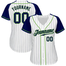 Load image into Gallery viewer, Custom White Navy Pinstripe Navy-Neon Green Authentic Raglan Sleeves Baseball Jersey
