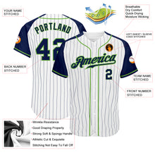 Load image into Gallery viewer, Custom White Navy Pinstripe Navy-Neon Green Authentic Raglan Sleeves Baseball Jersey
