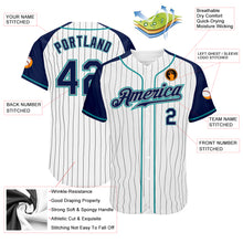 Load image into Gallery viewer, Custom White Navy Pinstripe Navy-Teal Authentic Raglan Sleeves Baseball Jersey
