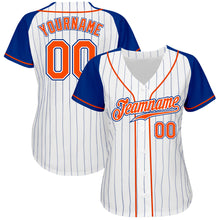 Load image into Gallery viewer, Custom White Royal Pinstripe Orange-Royal Authentic Raglan Sleeves Baseball Jersey

