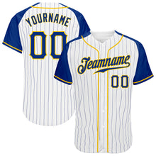 Load image into Gallery viewer, Custom White Royal Pinstripe Royal-Gold Authentic Raglan Sleeves Baseball Jersey

