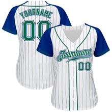 Load image into Gallery viewer, Custom White Royal Pinstripe Kelly Green-Royal Authentic Raglan Sleeves Baseball Jersey
