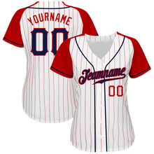 Load image into Gallery viewer, Custom White Red Pinstripe Navy-Red Authentic Raglan Sleeves Baseball Jersey

