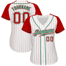 Load image into Gallery viewer, Custom White Red Pinstripe Red-Kelly Green Authentic Raglan Sleeves Baseball Jersey
