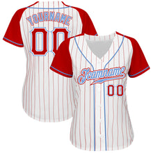 Load image into Gallery viewer, Custom White Red Pinstripe Red-Light Blue Authentic Raglan Sleeves Baseball Jersey
