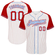 Load image into Gallery viewer, Custom White Red Pinstripe Red-Light Blue Authentic Raglan Sleeves Baseball Jersey

