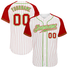Load image into Gallery viewer, Custom White Red Pinstripe Red-Neon Green Authentic Raglan Sleeves Baseball Jersey
